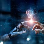 AI, Machine learning, Hands of robot and human touch on big data