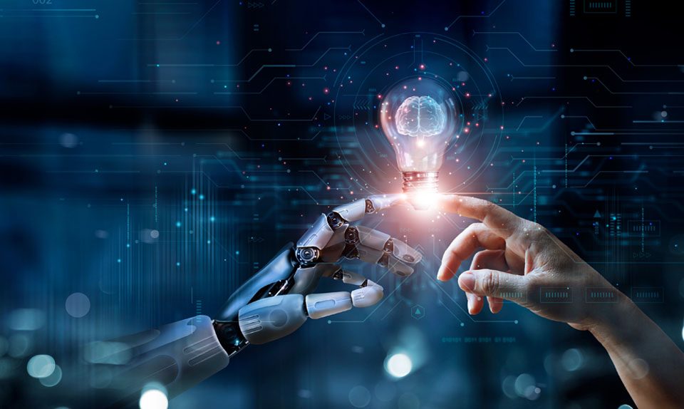 AI, Machine learning, Hands of robot and human touch on big data