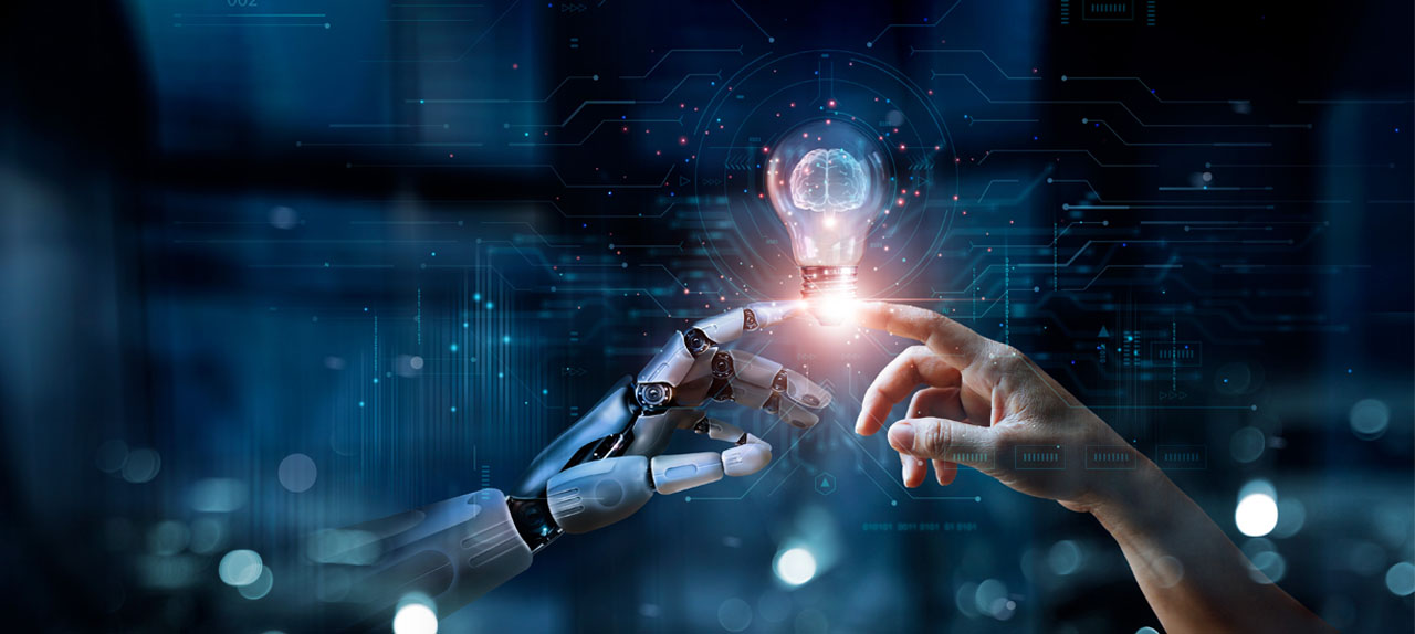 AI, Machine learning, Hands of robot and human touch on big data